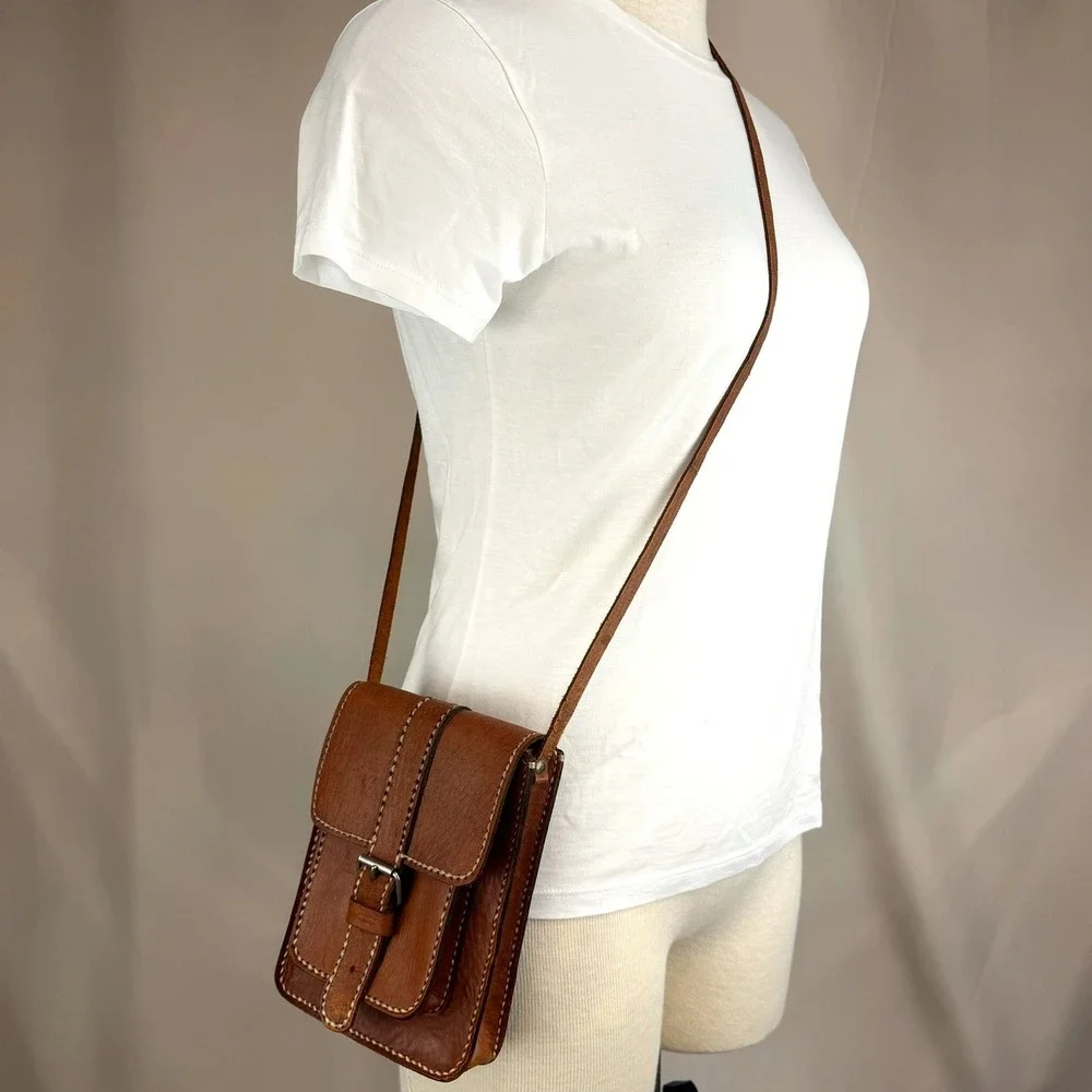 Vintage 70s Handmade Boho Brown Leather Buckle Crossbody Purse Trail Bag Patina